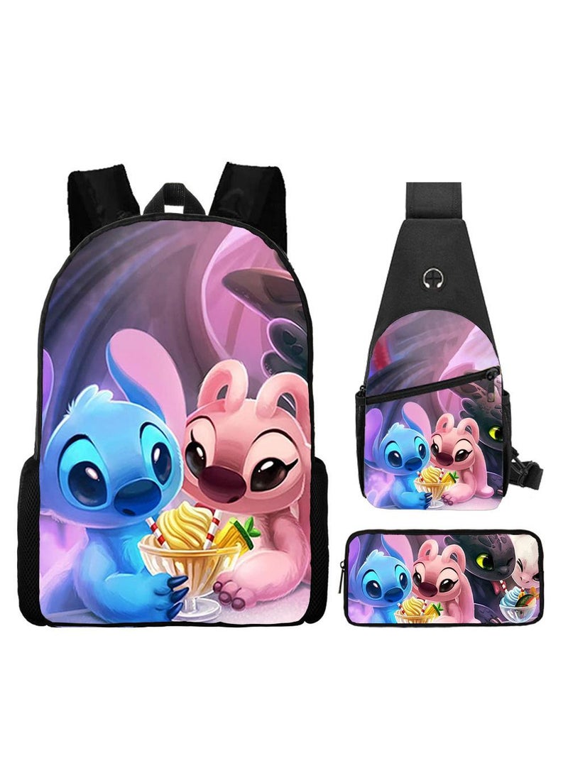 ZWX 3-Piece Cartoon Stitch 3D Print Kids Backpack Set - Image 1