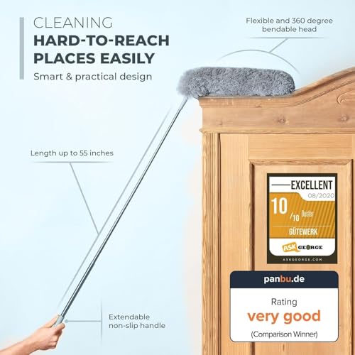 GÜTEWERK Extendable Feather Duster, Microfiber Duster, Ceiling Fan Duster, Feather Dusters for Cleaning, Dust Cleaner, Cobweb Duster - Electrostatic Bendable Head - up to 55 Inch - Image 3
