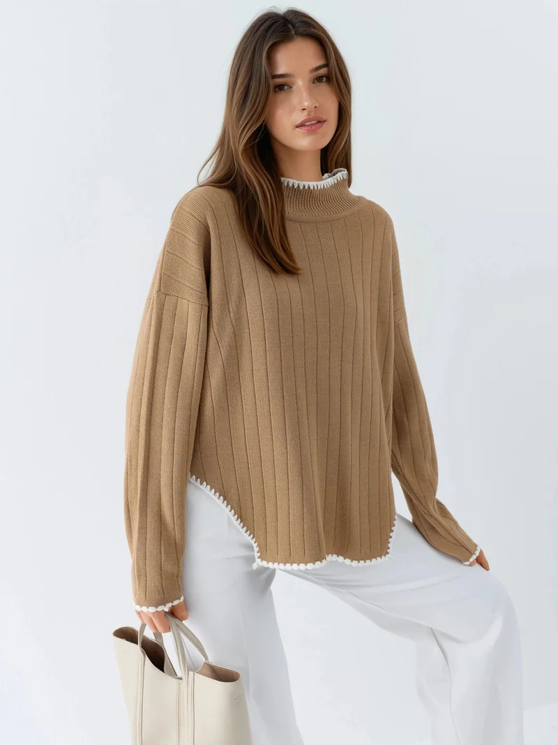 MY FASHION Camel Brown MY FASHION Oversized Sweater with Stitch Detail for Women | Best Price UAE