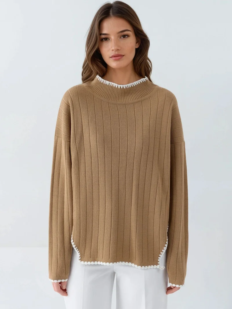 MY FASHION Camel Brown MY FASHION Oversized Sweater with Stitch Detail for Women | Best Price UAE