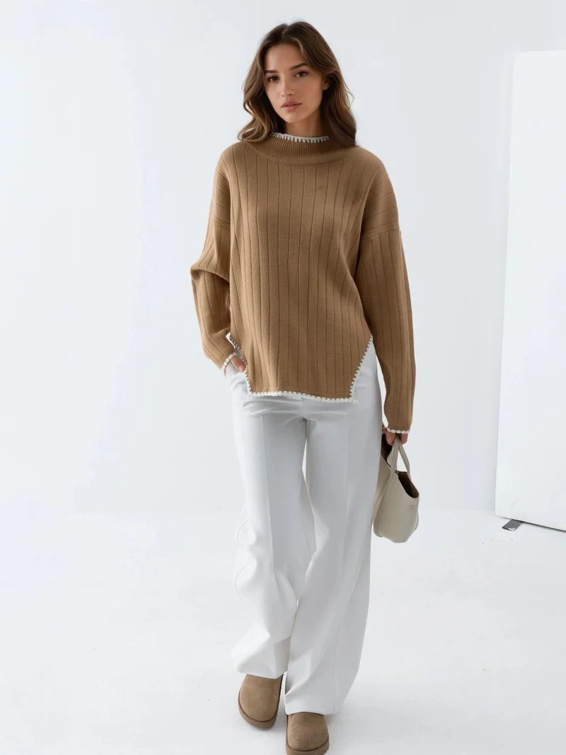 MY FASHION Camel Brown MY FASHION Oversized Sweater with Stitch Detail for Women | Best Price UAE