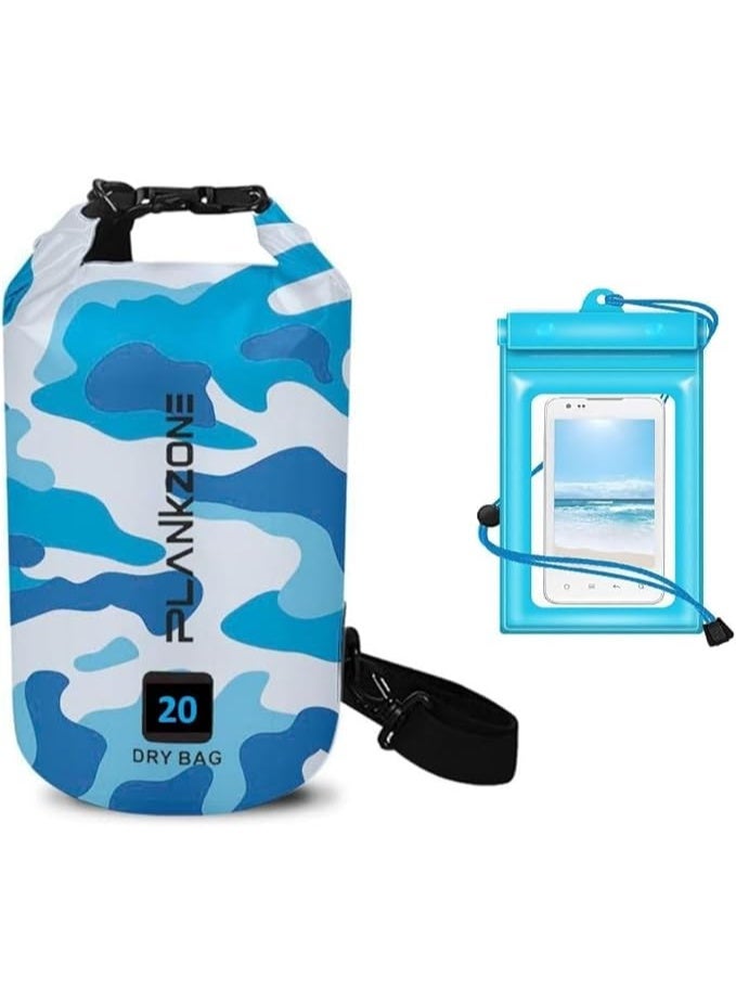 Plankzone Waterproof Dry Bag Roll Top Compression Sack, 20L, Army Blue, Lightweight Foldable for Kayaking, Beach, Rafting, Boating, Hiking, Camping, Fishing with Floating Waterproof Phone Pouch - Image 1