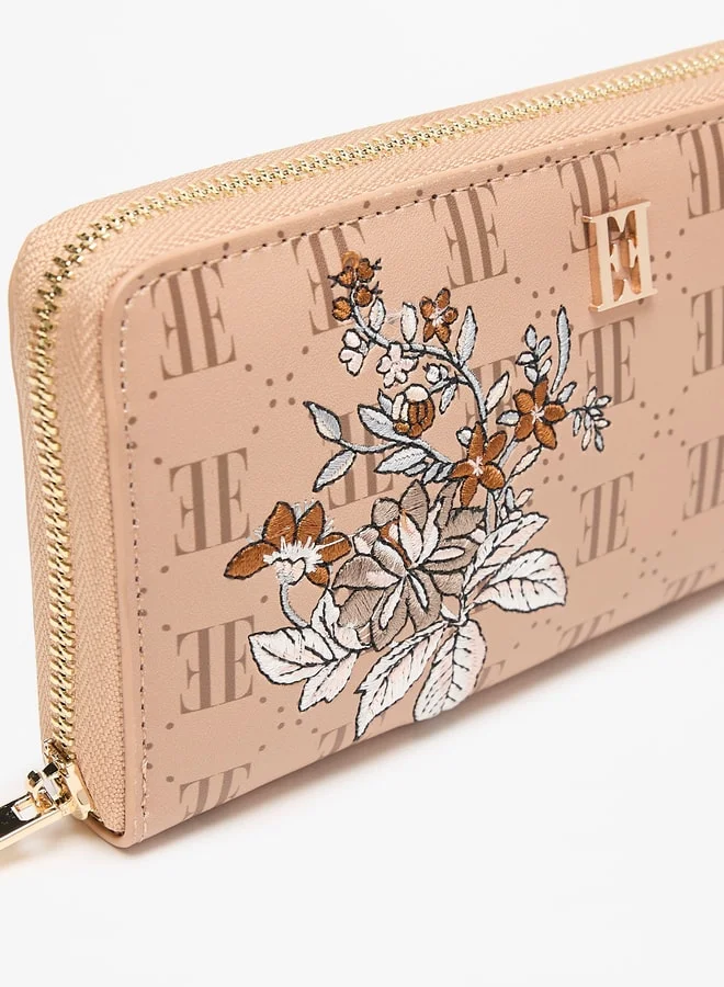 ايل Women's Floral Embroidered and Printed Monogram Zip Around Wallet