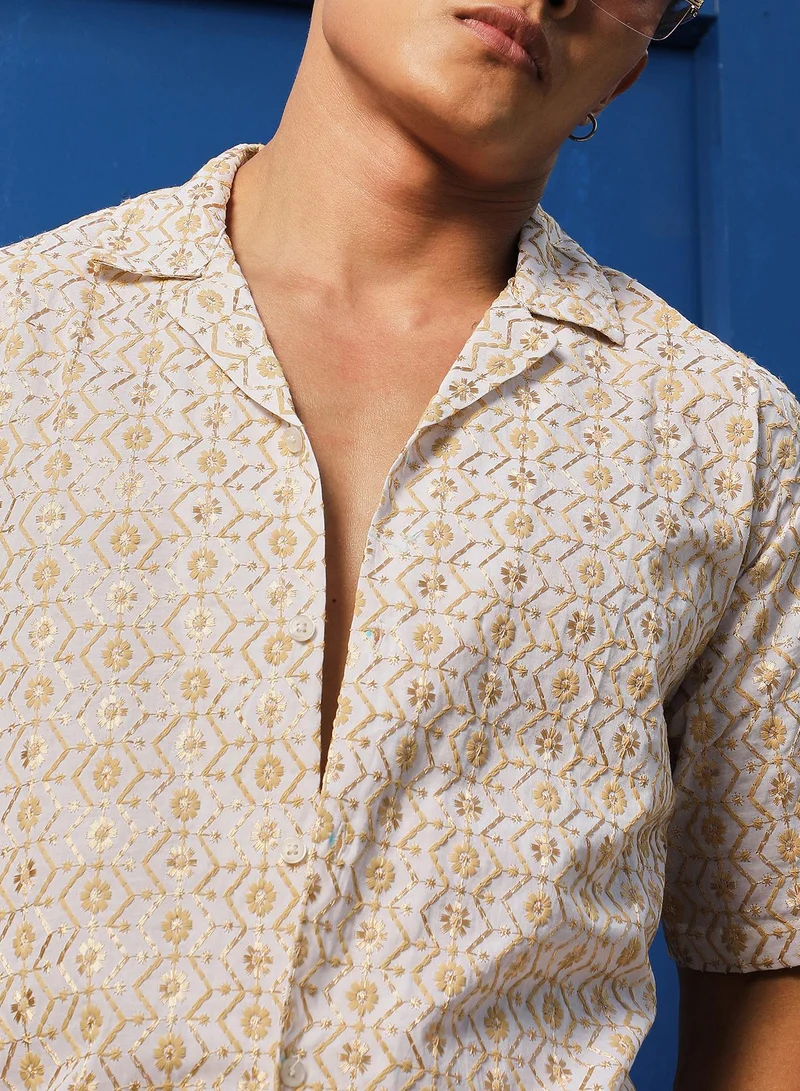 Campus Sutra Men's Off-White & Beige Embroidered Geometric Shirt