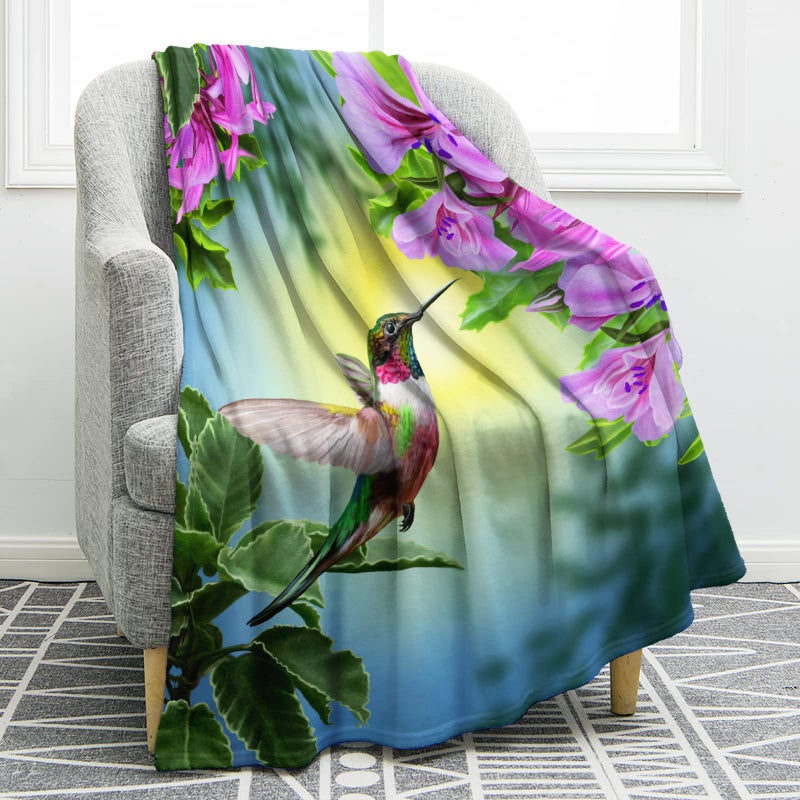 Jekeno Hummingbird Floral Blanket Gifts for Women Kids Girls Pink Flowers Bird Home Bedroom Decor Soft Cozy Lightweight Plush Throw Blanket 60""x80"" - Image 1