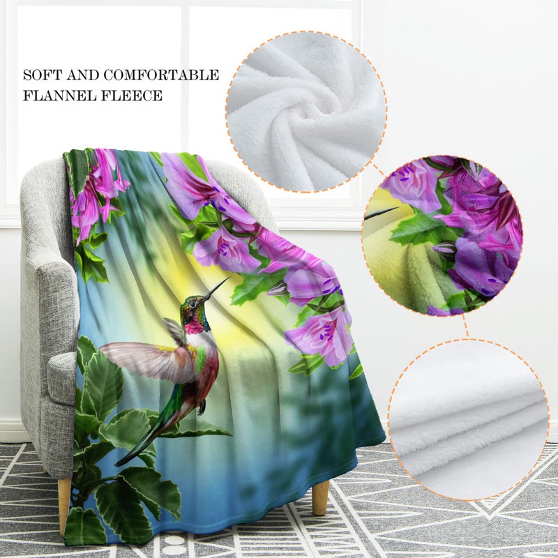 Jekeno Hummingbird Floral Blanket Gifts for Women Kids Girls Pink Flowers Bird Home Bedroom Decor Soft Cozy Lightweight Plush Throw Blanket 60""x80"" - Image 3