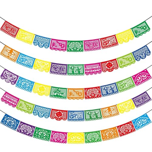 Asoulin 5PCS Mexican Party Banners Cinco De Mayo Decoration Fiesta Party Decoration Mexican Themed Party Decor 5 De Mayo Banner Plastic Papel Picado Mexico Birthday Party Supplies 12 Patterns90FT - Image 1