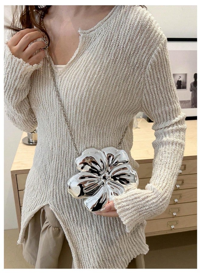 MakeMeChic Women's Floral Shape Crossbody Handbag Metallic Evening Bag Party Clutch Purses Silver One Size - Image 5