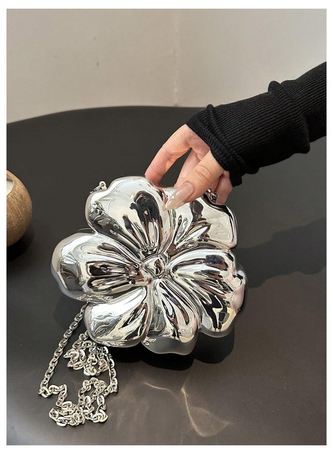 MakeMeChic Women's Floral Shape Crossbody Handbag Metallic Evening Bag Party Clutch Purses Silver One Size - Image 3
