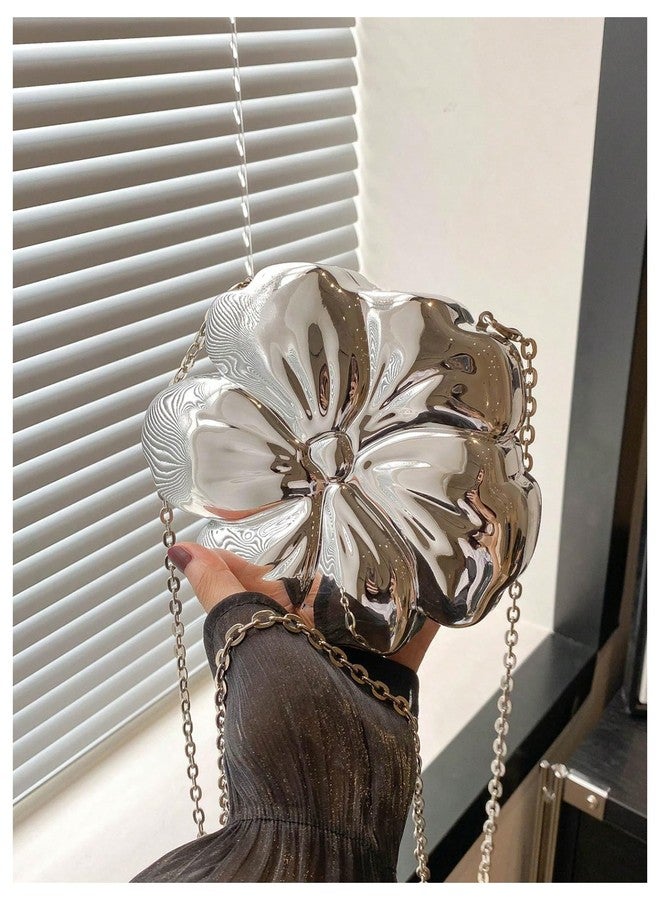 MakeMeChic Women's Floral Shape Crossbody Handbag Metallic Evening Bag Party Clutch Purses Silver One Size - Image 4