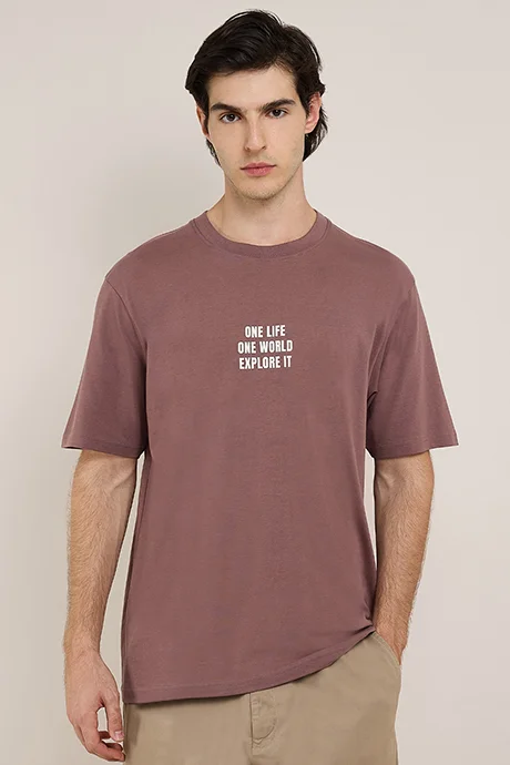 أر أند بي Typography Print T-Shirt with Crew Neck and Short Sleeves