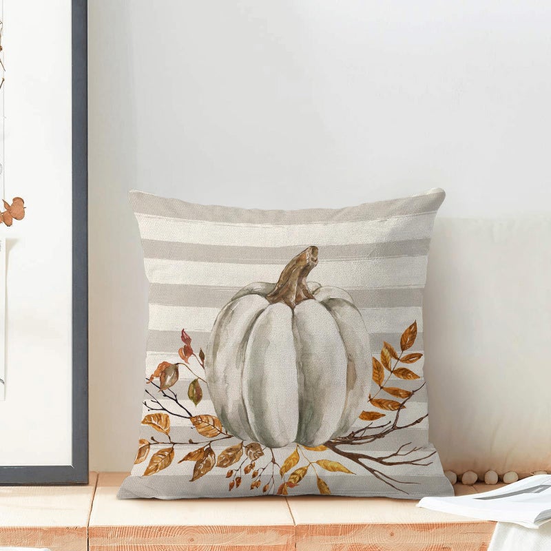 AEIOAE Fall Pillow Covers 18x18 Inch Set of 2 Watercolor Pumpkin Throw Pillows Case Grey Stripes Autumn Flowers Decorative Farmhouse Harvest Decor Cushion Covers for Home Sofa Bed Couch - Image 3
