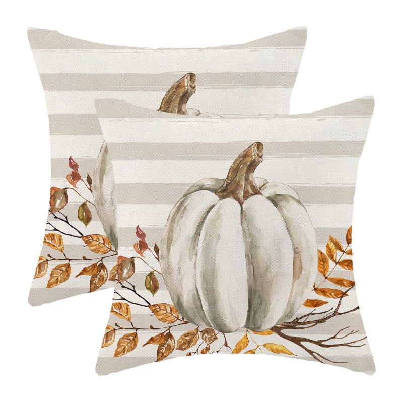 AEIOAE Fall Pillow Covers 18x18 Inch Set of 2 Watercolor Pumpkin Throw Pillows Case Grey Stripes Autumn Flowers Decorative Farmhouse Harvest Decor Cushion Covers for Home Sofa Bed Couch - Image 1