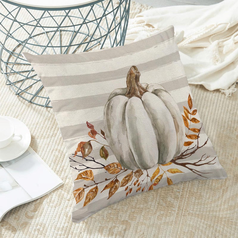 AEIOAE Fall Pillow Covers 18x18 Inch Set of 2 Watercolor Pumpkin Throw Pillows Case Grey Stripes Autumn Flowers Decorative Farmhouse Harvest Decor Cushion Covers for Home Sofa Bed Couch - Image 4
