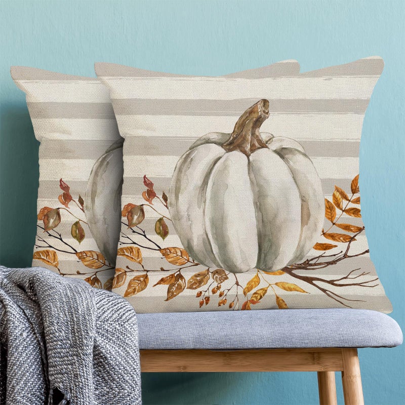 AEIOAE Fall Pillow Covers 18x18 Inch Set of 2 Watercolor Pumpkin Throw Pillows Case Grey Stripes Autumn Flowers Decorative Farmhouse Harvest Decor Cushion Covers for Home Sofa Bed Couch - Image 2