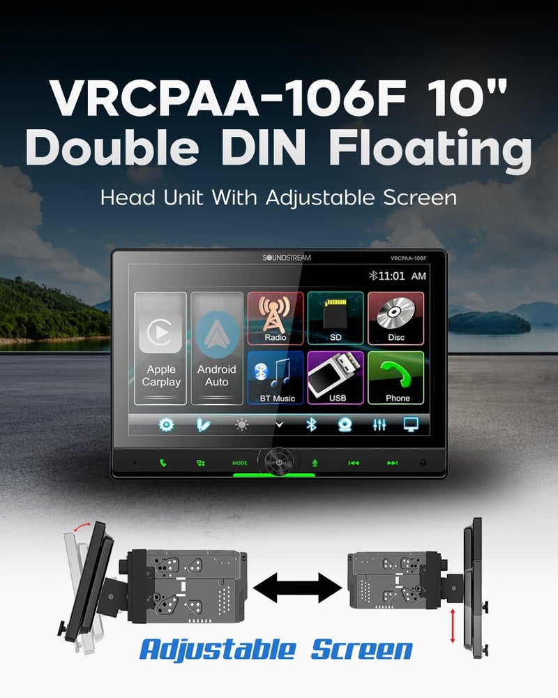 SOUNDSTREAM ستيريو سيارة سوندستريم 10.6 بوصة مزدوج الدين بشاشة تعمل باللمس عائمة، وحدة رأس VRCPAA-106F مع دعم آبل كار بلاي وأندرويد أوتو، بلوتوث، جهاز استقبال راديو AM/FM، USB، SD، مشغل CD/DVD - Image 5