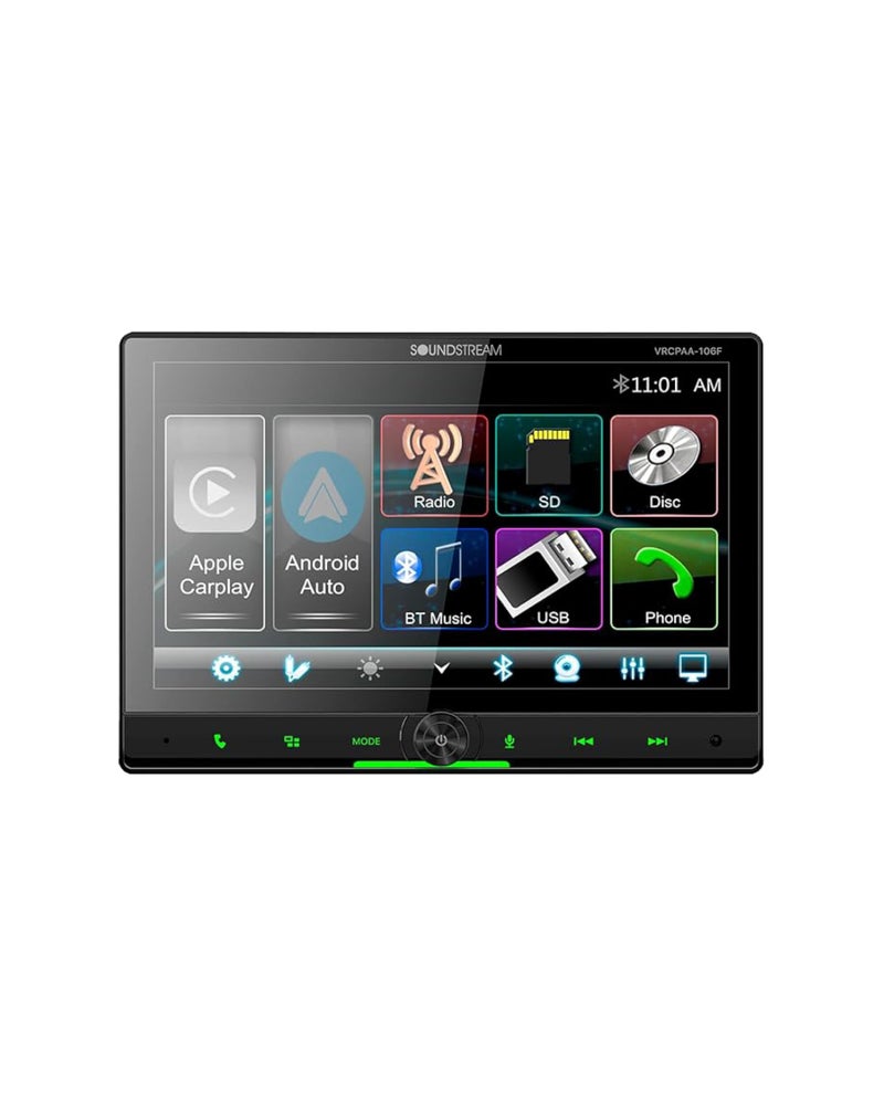 SOUNDSTREAM ستيريو سيارة سوندستريم 10.6 بوصة مزدوج الدين بشاشة تعمل باللمس عائمة، وحدة رأس VRCPAA-106F مع دعم آبل كار بلاي وأندرويد أوتو، بلوتوث، جهاز استقبال راديو AM/FM، USB، SD، مشغل CD/DVD - Image 1