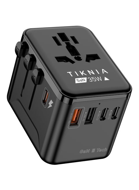 TIKNIA GaN 35W Universal Travel Adapter, European Travel Plug Adapter with PD&QC Fast Charging(2 USB-A & 3 USB-C Ports) - Worldwide Travel Essentials, International Power Adapter for UK/US/AU (Black)
