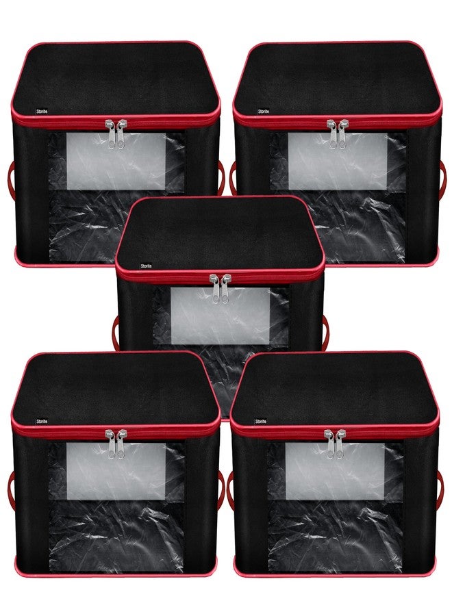 Storite 5 Pack Nylon Underbed Storage Bags for Clothes with Zipper & Handle | Moisture-Proof Wardrobe Organizer Box for Sarees, Blankets & Toys | Foldable Cloth Storage Bags (Red & Black, 38x35x23 cm) - Image 1