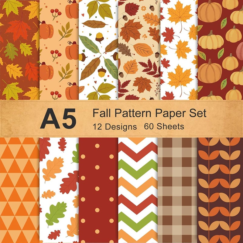 Whaline 60 Sheets Thanksgiving Pattern Paper 5.5 x 8.3 inch Fall Leaves Pumpkin Plaid Craft Paper Double-Sided Origami Paper for Harvest Autumn Card Making Scrapbook,12 Designs - Image 1
