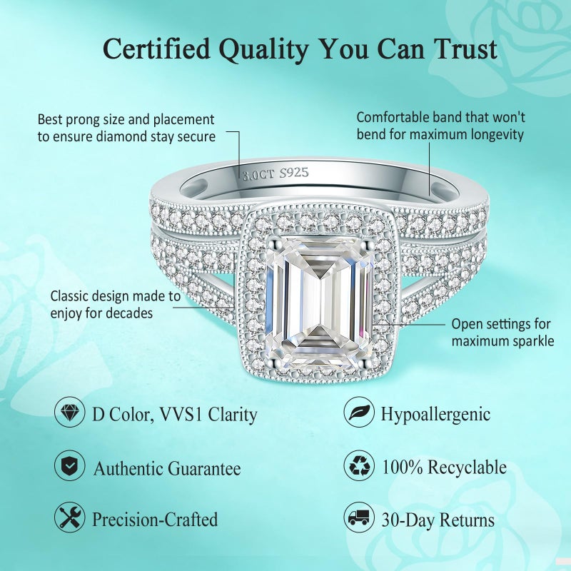 LOIPURI 3CT Moissanite Wedding Sets for Women, Perfect Matching Emerald Cut Engagement Ring Wedding Band Bridal Set, Sterling Silver, D Color VVS1, Ring Box Included, Proposal Promise Valentine's Day Gift - Image 5