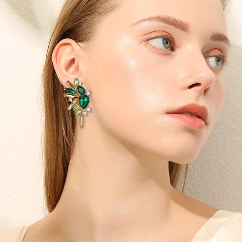 EVER FAITH St Patricks Day Crystal Fashion Statement Earrings, Vintage Marquise Teardrop Cluster Bling Colorful Dangle Earrings for Women Green w/Champagne - Image 3