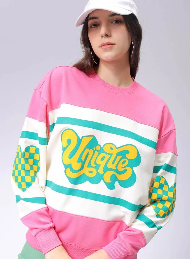 Freehand Women Loose Fit Typographic Oversized Sweatshirt