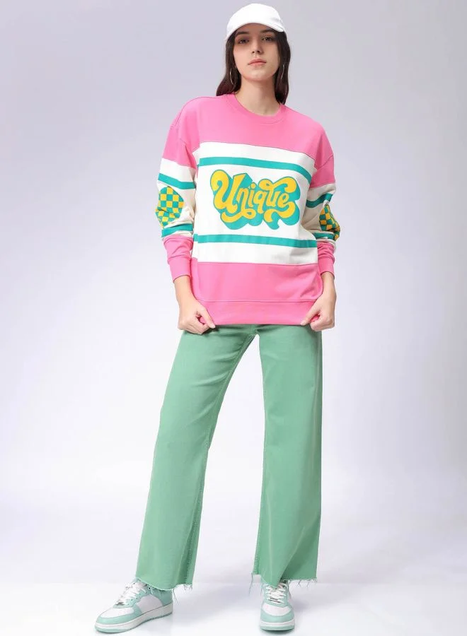 Freehand Women Loose Fit Typographic Oversized Sweatshirt