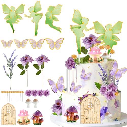 JUYRLE 38Pcs Fairy Cake Toppers JUYRLE Fairy Cake Decoration Pink Mushroom House Cake Decoration with Butterfly Flower Fairy Garden Topper for Girls Spring Happy Birthday Party Baby Shower - Image 1