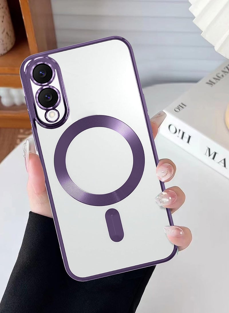 Wtech Samsung Galaxy S25 Edge 5G 2025 Magsafe PU Luxury Plating Raised Lips Camera Hole With Camera Lens Protection Case Cover - Clear/Eggplant Purple - Image 4