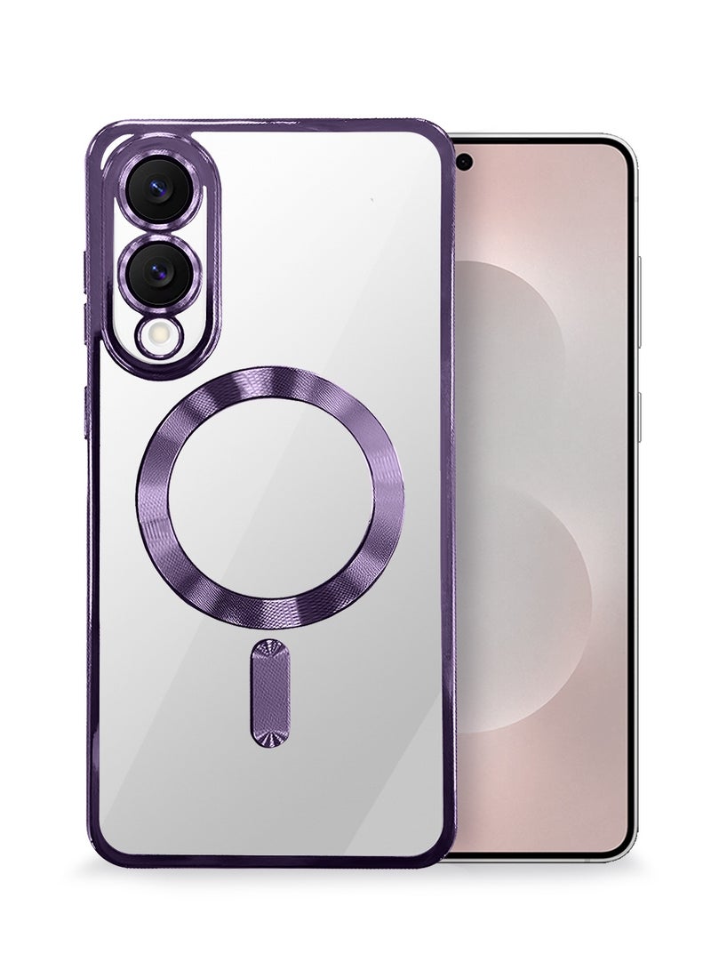 Wtech Samsung Galaxy S25 Edge 5G 2025 Magsafe PU Luxury Plating Raised Lips Camera Hole With Camera Lens Protection Case Cover - Clear/Eggplant Purple - Image 1