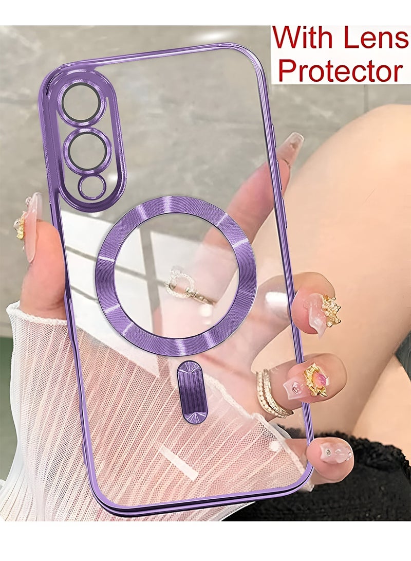 Wtech Samsung Galaxy S25 Edge 5G 2025 Magsafe PU Luxury Plating Raised Lips Camera Hole With Camera Lens Protection Case Cover - Clear/Eggplant Purple - Image 5