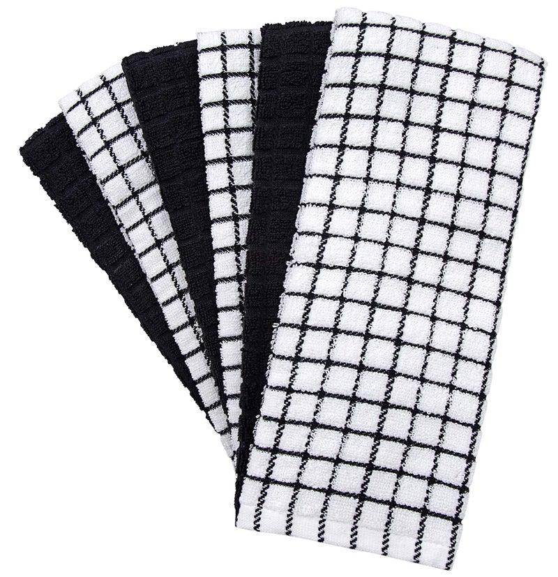 Bumble Towels Kitchen Towels 16""x 28"" | Dish Towels | Kitchen Hand Towels | Large Dishcloths | Highly Absorbent Tea Towel with Hanging Loop | Natural Ring Spun Cotton  380 GSM | Black Check Design - 6 Pack  - Image 2