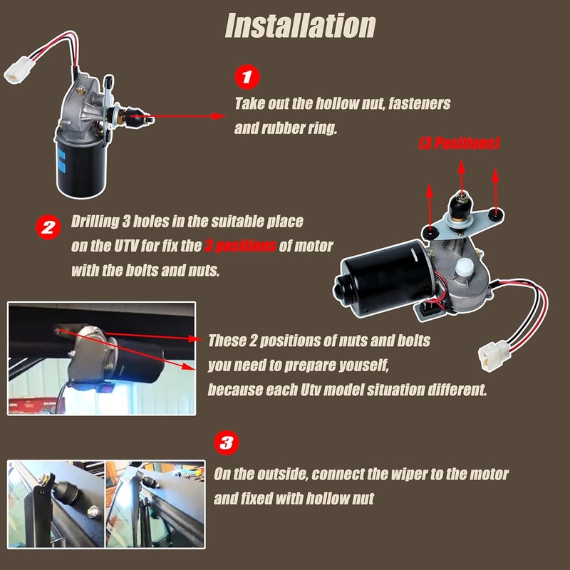 Wadoy 12V Electric Motor Universal Car Windshield Wiper Kit with 16" Wiper Blade for Polaris Ranger RZR 800 900 1000 - Image 4