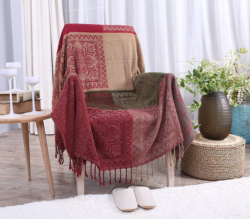 AIVIA Boho Sofa Couch Throw Blanket Futon Slipcover Recliner Chair Throws Sofa Cover Colorful Chenille Woven Bohemian Decor  60 x 75 Green Wine Red