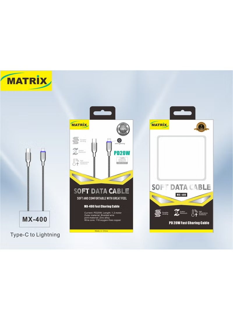 MATRIX Matrix Fast Charging Type-C to Lighting Soft Data Cable - 1.2 Meter - Silver - MX400  - Image 3
