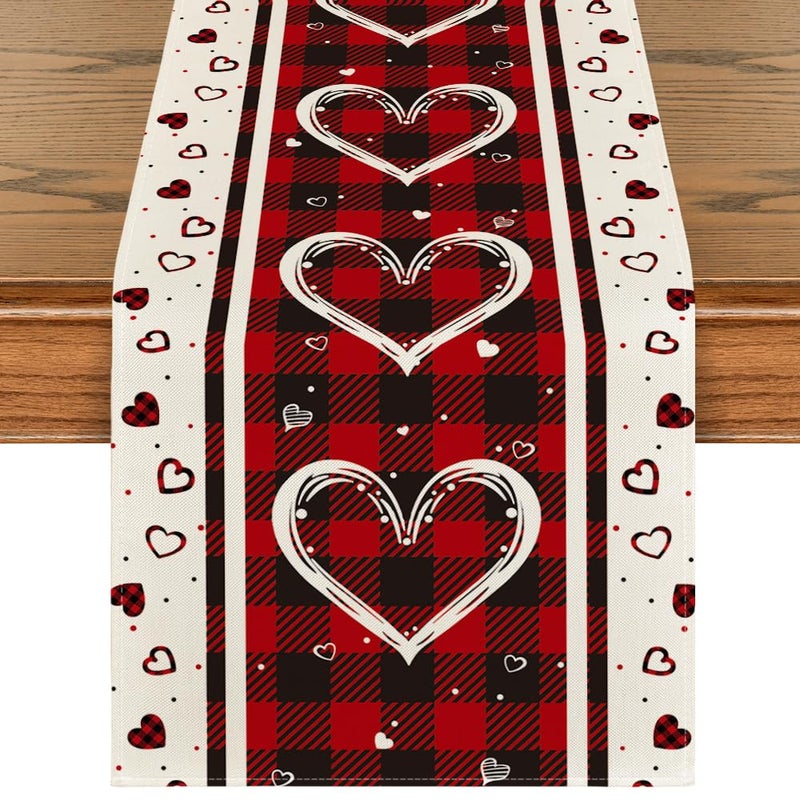 Artoid Mode Buffalo Plaid Love Hearts Valentines Day Table Runner Seasonal Kitchen Dining Table Decoration for Indoor Home Party 13x108 Inch