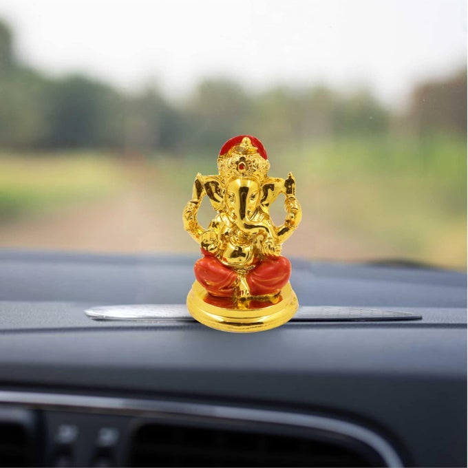 RESIN GANESHA STATUE CAR DASHBOARD IDOLSHOWPIECE FOR HOME OFFICE FIGURINE RELIGIOUS POOJA GIFT LIVING ROOM DECORATION HOME DCOR GANESHA MURTI GOLDEN GANESHORANGE