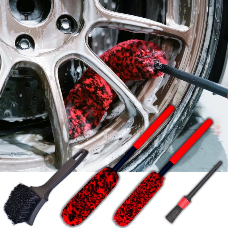 BYTTME Wheel Brushes for Cleaning Wheels (4 Pro Pack)- 2X Soft Wheel Cleaning Woolies Brush, Detailing Brush and Stiff Tire Brush, Scratch Free Durable Car Wheel Rim Brush Kit for Car Rim and Tire Detailing - Image 1