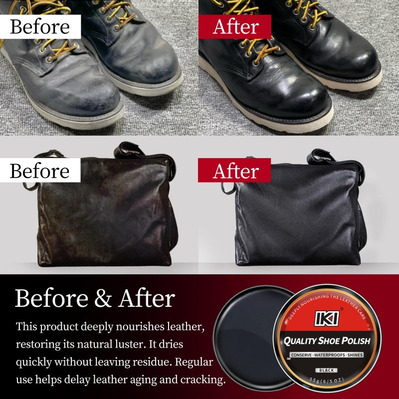 IKI Black Shoe Polish Paste - 1.23 oz Boot Wax Polish with Sponge Applicator for Leather Boots and Shoes Polishing, Conditioning and Restoring - Image 5