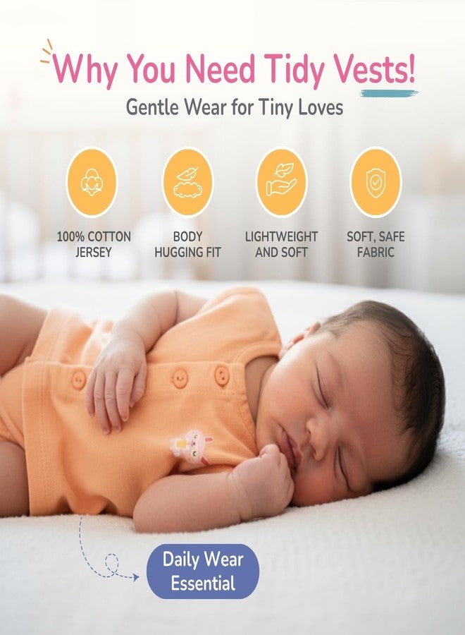 TIDY SLEEP صدريات قطنية للأطفال من تيدي سليب، للجنسين - عبوة من 4 قطع، بطانة داخلية ناعمة وجيدة التهوية من بانيان، مزينة برسومات حيوانات لطيفة وألوان سادة - مريحة للأطفال حديثي الولادة والرضع (من 0 إلى 3 أشهر) متعددة الألوان - Image 2