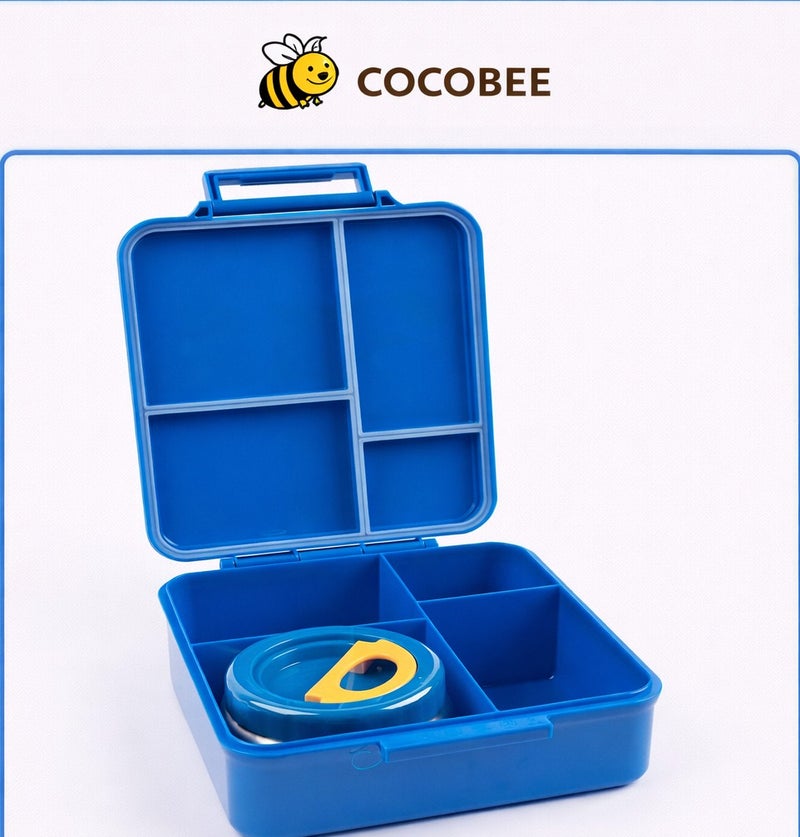 Cocobee Dino Tritan Bento Lunch Box with Food Jar, 4 Compartments, Leakproof & Microwave Safe, 1.87L , BPA Free, ages 3+ (Blue) - Image 1