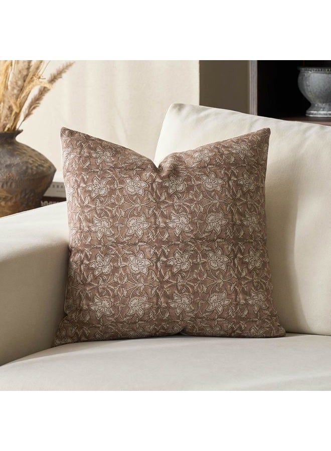 DOMVITUS Floral Pillow Covers 20x20 Throw Pillow Covers Block Print Vintage Decorative Neutral Pillow Cover for Couch Bed Living Room Brown 1PC - Image 1