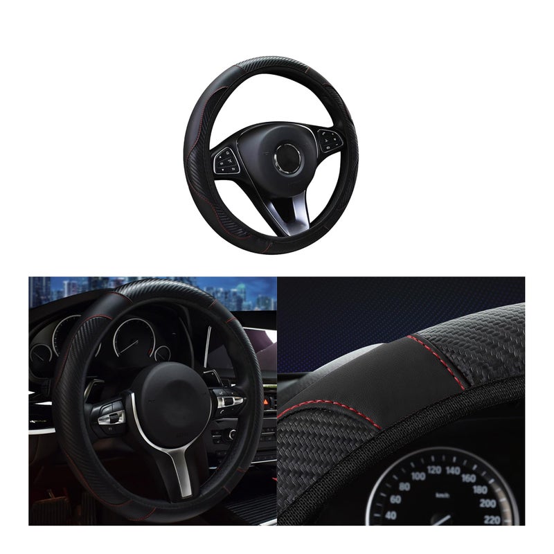 Tioollev Car Steering Wheel Cover, 15 inch Carbon Fiber Microfiber PU Leather Elastic Steering Wheel Protector for Men Women, Universal Durable Car Decorative Fit for Most Cars, Trucks, SVU (Black) - Image 2