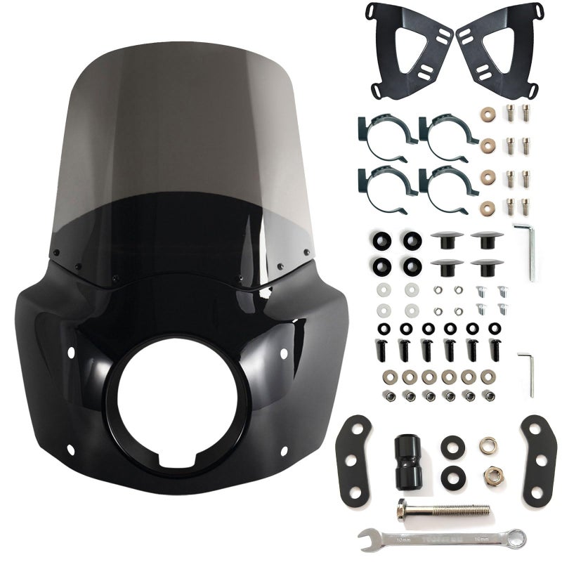 FATECIM Motorcycle 575 Headlight Fairing with 15 Smoke Windshield Windscreen 4858mm Mounting Kit Headlight Extension Block For Harley Low Rider S FXLRS 2020 2021 2022 2023