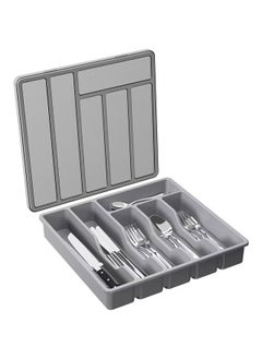 Arabest Silverware Organizer with Lid, Covered Utensil Tray for Kitchen Drawer and Countertop, Plastic Cutlery and Flatware Storage Box for Spoons, Forks, Knives, 6 Compartments (Grey)  - Image 1