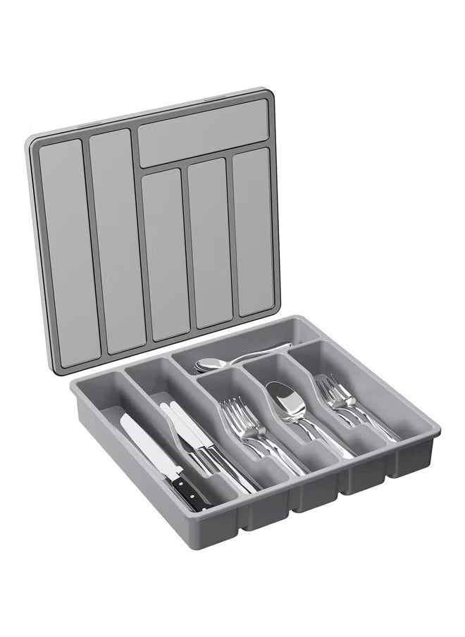 Arabest - Silverware Organizer with Lid, Covered Utensil Tray for Kitchen Drawer and Countertop, Plastic Cutlery and Flatware Storage Box for Spoons, Forks, Knives, 6 Compartments (Grey) - Image 1