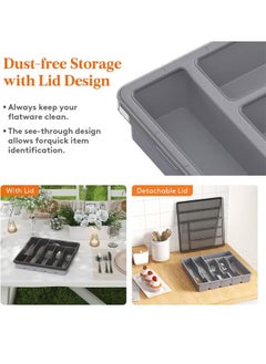 Arabest Silverware Organizer with Lid, Covered Utensil Tray for Kitchen Drawer and Countertop, Plastic Cutlery and Flatware Storage Box for Spoons, Forks, Knives, 6 Compartments (Grey)  - Image 2