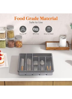 Arabest Silverware Organizer with Lid, Covered Utensil Tray for Kitchen Drawer and Countertop, Plastic Cutlery and Flatware Storage Box for Spoons, Forks, Knives, 6 Compartments (Grey)  - Image 4