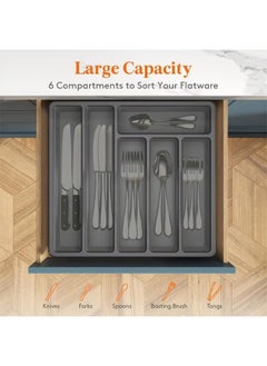 Arabest Silverware Organizer with Lid, Covered Utensil Tray for Kitchen Drawer and Countertop, Plastic Cutlery and Flatware Storage Box for Spoons, Forks, Knives, 6 Compartments (Grey)  - Image 3